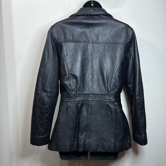 (P1) Kathy Ireland Jacket Black genuine leather belted coat, size S - Picture 4 of 15
